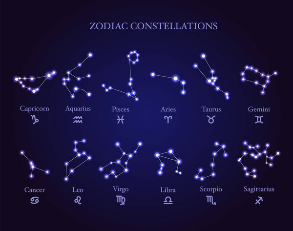 Set of isolated shiny astrology zodiac constellations with signs