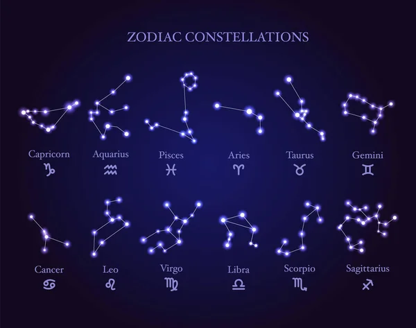 Conjunto de constelaciones aisladas de zodiaco astrológico brillante con signos Ilustración De Stock