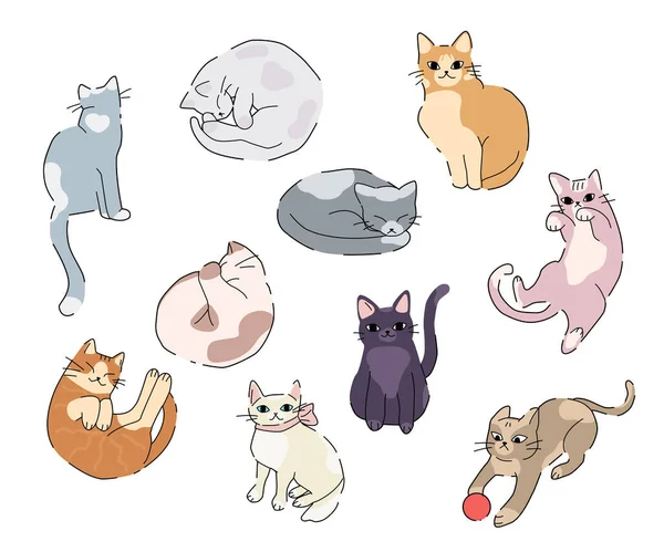 Conjunto de gatos doodle de moda en diferentes poses para el diseño de decoración Vectores De Stock Sin Royalties Gratis