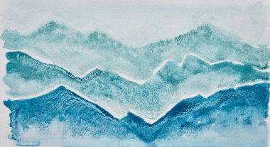 Kağıt üzerinde soyut koyu mavi suluboya resmi, dağ gibi mavi suluboya el boyası ya da arka plan dalgası, eski suluboya depolarının çökeltileriyle dolu ıslak teknik