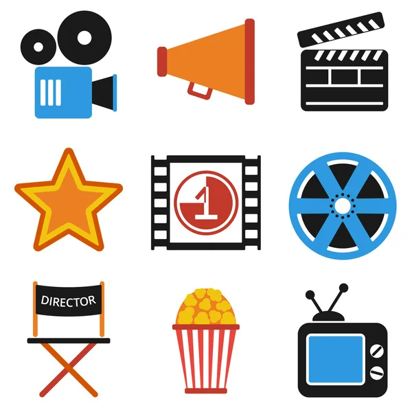 Conjunto retro de iconos vectoriales de cine en diseño plano — Vector de stock