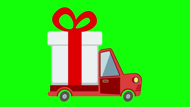Entrega camión de transporte plano, furgoneta con paquete de caja de regalo en pantalla verde . — Vídeos de Stock