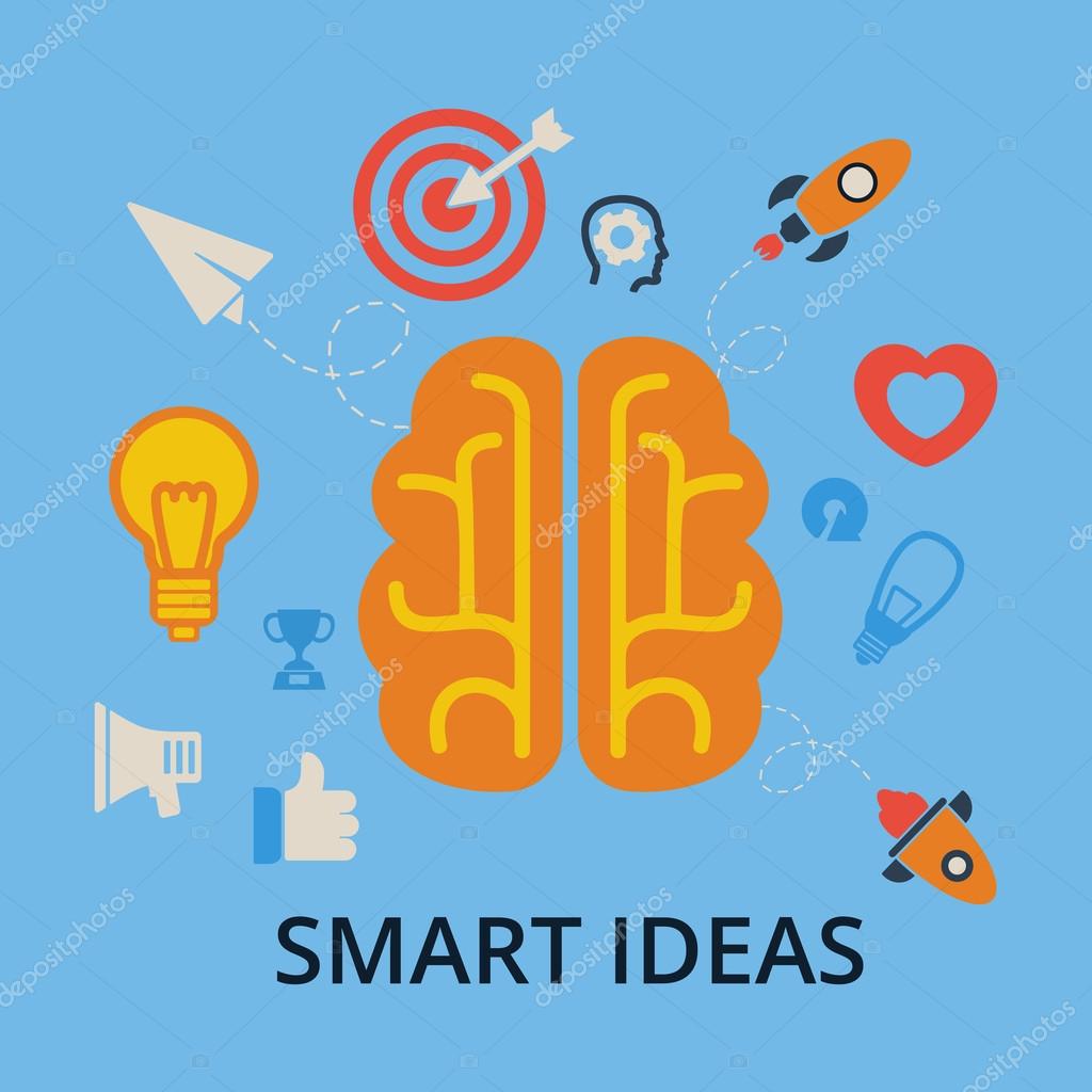 Smart, ideas. Brain, creation and idea icons and elements. Vector illustrations of icons on blue.