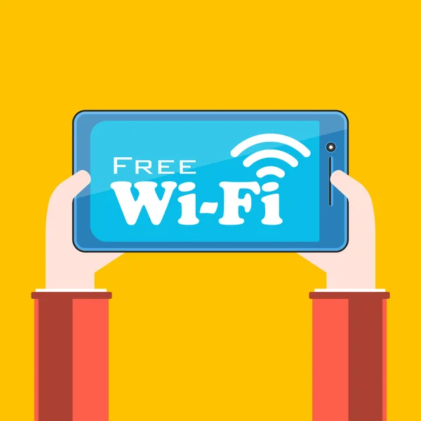 Handen met smartphone tablet met gratis WiFi Sign — Stockvector