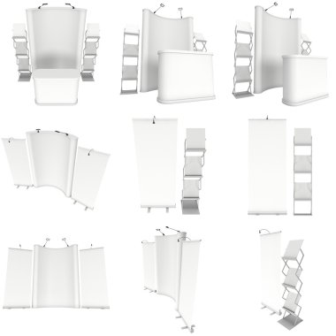 Ticaret Fuarı standında küme. Kat standları koleksiyonu.