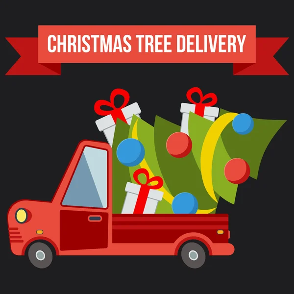 Φορτηγό παράδοσης επίπεδη μεταφορές, van με χριστουγεννιάτικο δέντρο σε μαύρο — Διανυσματικό Αρχείο