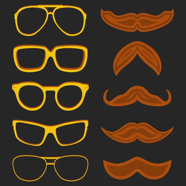Set of hipster nerd glasses and stylish mustaches on black — Stock Vector