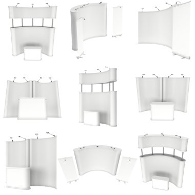 Ticaret Fuarı standında küme. Kat standları koleksiyonu.