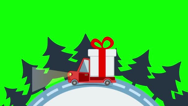 Entrega caminhão de transporte plano, van com pacote de caixa de presente no branco na véspera de Natal — Vídeo de Stock