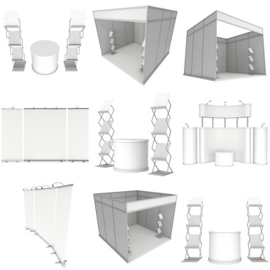 Ticaret Fuarı standında küme. Kat standları koleksiyonu.