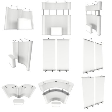 Ticaret Fuarı standında küme. Kat standları koleksiyonu.