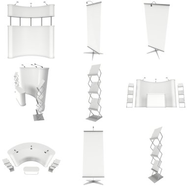 Ticaret Fuarı standında küme. Kat standları koleksiyonu.