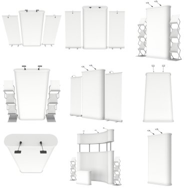 Ticaret Fuarı standında küme. Kat standları koleksiyonu.