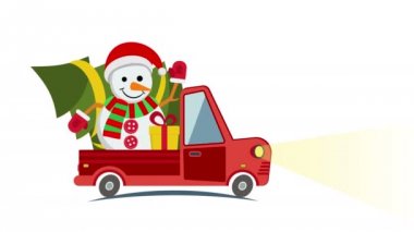 Düz taşıma kamyon, van xmas ağacı kardan adam ve hediye kutusu