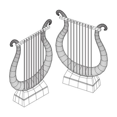 Antik lir ya da arp enstrümanı. Müzik konsepti. Kablo çerçevesi düşük poli ağ vektör çizimi.