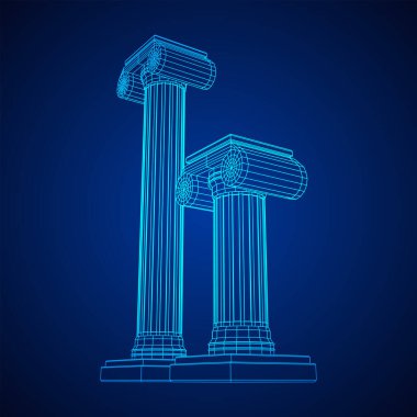 Yunan iyonik sütunu. Antik sütunlar Roma antika mimarisi inşaat dekorasyonu. Kablo çerçevesi düşük poli ağ vektör çizimi.
