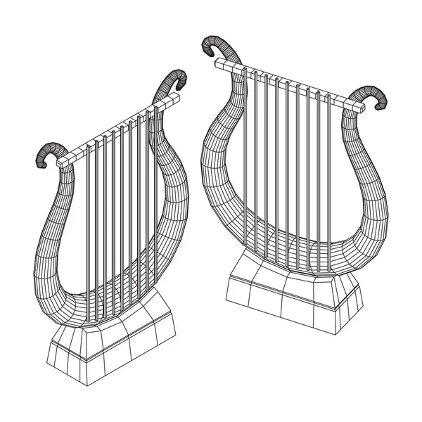 古老的竖琴或竖琴乐器 音乐概念 线框低网目矢量图解 — 图库矢量图片