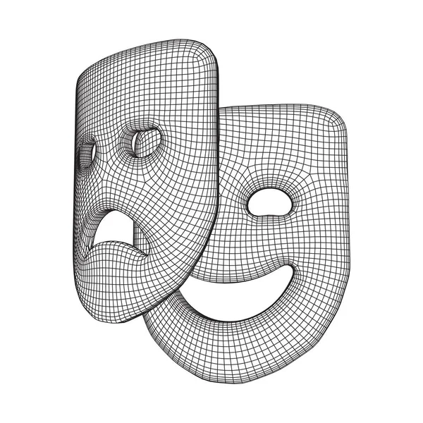 Theatrical Masks Tragedy Comedy Character Wireframe Low Poly Mesh Vector — Stock Vector