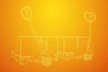 Palet ve karton kutular ile el kaldırma. Elle kaldırma. Lojistik nakliye konsepti. Kablo çerçevesi düşük poli ağ vektör çizimi.