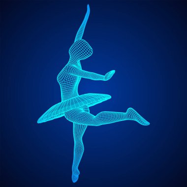 Dans eden balerin. Klasik kadın balerin. Kablo çerçevesi düşük poli ağ vektör çizimi.