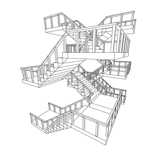 Wireframe Lépcsők Belső Lépcsők Lépcsők Korláttal Wireframe Alacsony Poly Hálós — Stock Vector