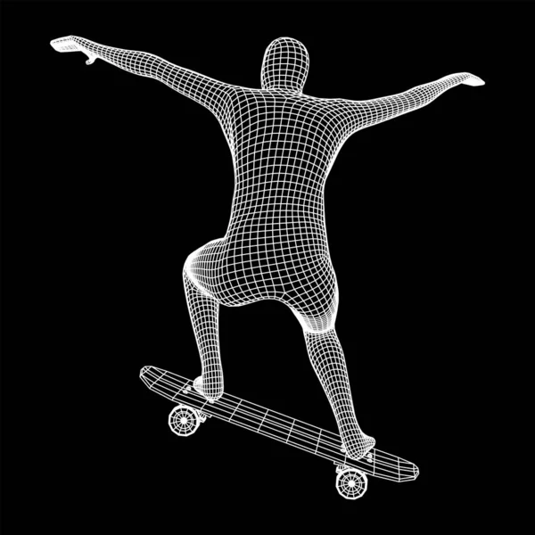 Pattinatore Che Salta Trucco Skateboard Illustrazione Vettoriale Maglie Corte Wireframe — Vettoriale Stock