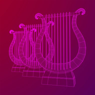 Antik lir ya da arp enstrümanı. Müzik konsepti. Kablo çerçevesi düşük poli ağ vektör çizimi.