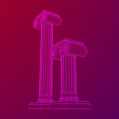Yunan iyonik sütunu. Antik sütunlar Roma antika mimarisi inşaat dekorasyonu. Kablo çerçevesi düşük poli ağ vektör çizimi.