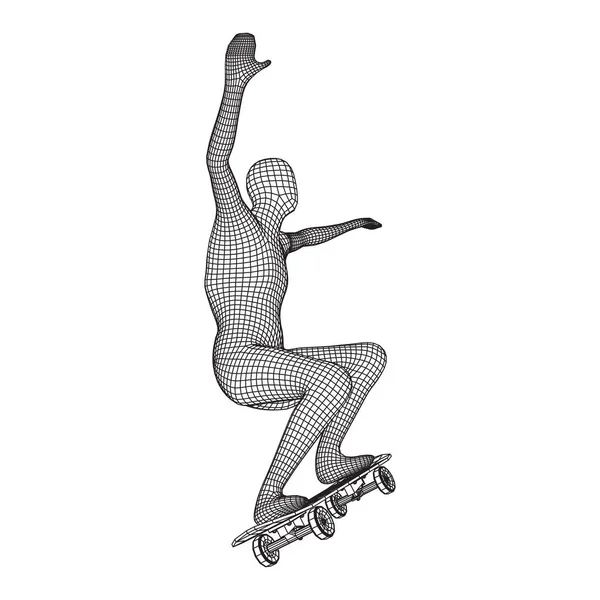 Skridskoåkare Gör Hopptrick Skateboard Wireframe Låg Poly Mesh Vektor Illustration — Stock vektor