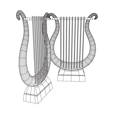 Antik lir ya da arp enstrümanı. Müzik konsepti. Kablo çerçevesi düşük poli ağ vektör çizimi.