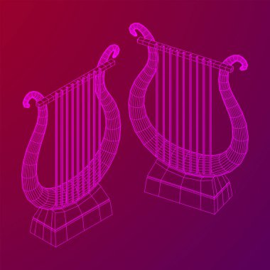 Antik lir ya da arp enstrümanı. Müzik konsepti. Kablo çerçevesi düşük poli ağ vektör çizimi.