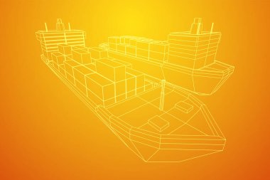 Yük konteynırlarıyla dolu ağır bir kargo gemisi. Kablo çerçevesi düşük poli ağ vektör çizimi.