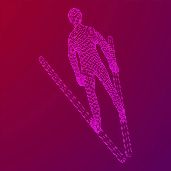 Esportista Saltos Esqui Wireframe Baixo Poli Malha Vetor Ilustração —  Vetores de Stock