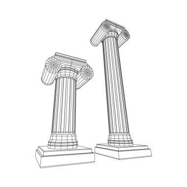 Yunan iyonik sütunu. Antik sütunlar Roma antika mimarisi inşaat dekorasyonu. Kablo çerçevesi düşük poli ağ vektör çizimi.