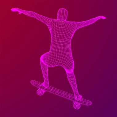 Kaykaycı kaykayla atlama numarası yapıyor. Kablo çerçevesi düşük poli ağ vektör çizimi.