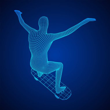 Kaykaycı kaykayla atlama numarası yapıyor. Kablo çerçevesi düşük poli ağ vektör çizimi.