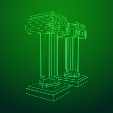 Yunan iyonik sütunu. Antik sütunlar Roma antika mimarisi inşaat dekorasyonu. Kablo çerçevesi düşük poli ağ vektör çizimi.