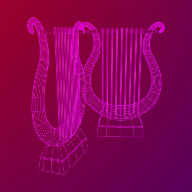 Antik lir ya da arp enstrümanı. Müzik konsepti. Kablo çerçevesi düşük poli ağ vektör çizimi.