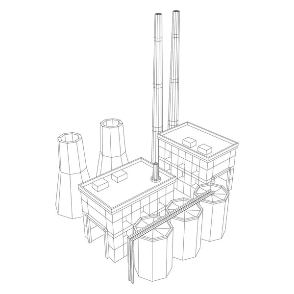 Industriegebäude Factorie Factorie Facility Kraftwerk Illustration Eines Drahtgittervektors Mit Niedrigem — Stockvektor