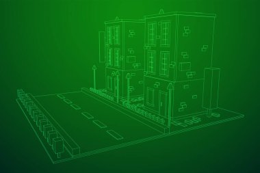 Şehir binası konsepti. Kablo çerçevesi düşük poli ağ vektör çizimi