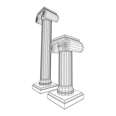 Yunan iyonik sütunu. Antik sütunlar Roma antika mimarisi inşaat dekorasyonu. Kablo çerçevesi düşük poli ağ vektör çizimi.