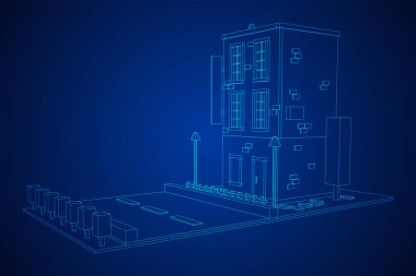 Şehir binası konsepti. Kablo çerçevesi düşük poli ağ vektör çizimi
