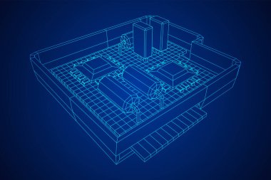 Her ihtimale karşı devre kartı. Elektronik bilgisayar parçaları ana kart. Yarı iletken mikroçip, diyot. Donanım parçaları. Kablo çerçevesi düşük poli ağ vektör çizimi.