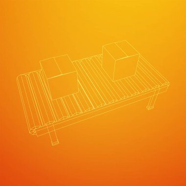 Paketli taşıma bandı bölümü. Fabrika üretim ekipmanları. Kablo çerçevesi düşük poli ağ vektör çizimi
