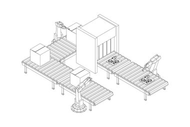 Robotik kol, teknoloji endüstrisi montaj makineli el üretiyor. Devre kartları ve paketlenmiş kutuları olan normal bir tekerlek taşıyıcısı. Kablo çerçevesi düşük poli ağ vektör çizimi