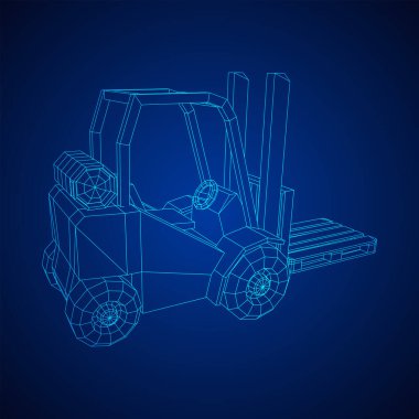 Depo için yük paleti taşıyan forklift yük kamyonu. Lojistik nakliye konsepti. Kablo çerçevesi düşük poli ağ vektör çizimi.