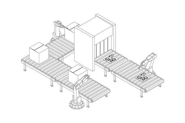 로봇팔은 기술자의 만들어 기판과 상자가 로울러 컨베이어 와이어 프레임낮은 Poly — 스톡 벡터