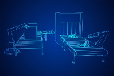 Robotik kol, teknoloji endüstrisi montaj makineli el üretiyor. Devre kartları ve paketlenmiş kutuları olan normal bir tekerlek taşıyıcısı. Kablo çerçevesi düşük poli ağ vektör çizimi