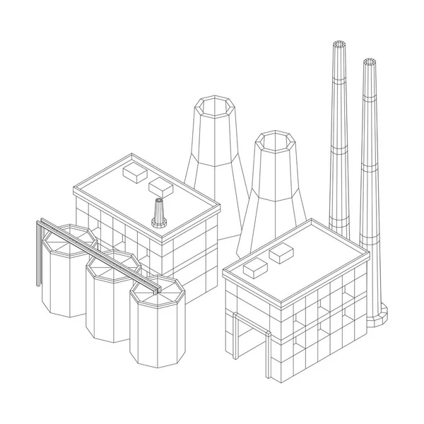 Industriegebäude Factorie Factorie Facility Kraftwerk Illustration Eines Drahtgittervektors Mit Niedrigem — Stockvektor