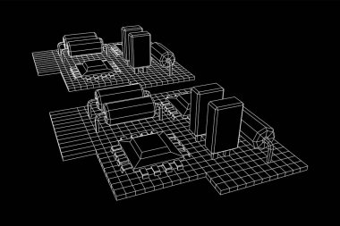 Devre kartı. Elektronik bilgisayar parçaları ana kart. Yarı iletken mikroçip, diyot. Donanım parçaları. Kablo çerçevesi düşük poli ağ vektör çizimi.